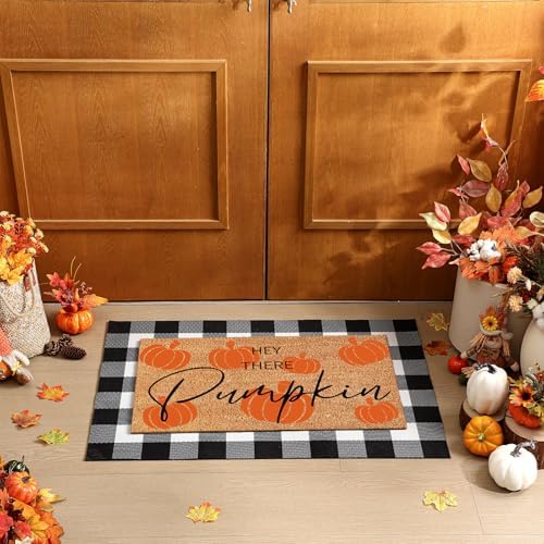 Duraaamo Fall Coir Doormat and Plaid Rug Set