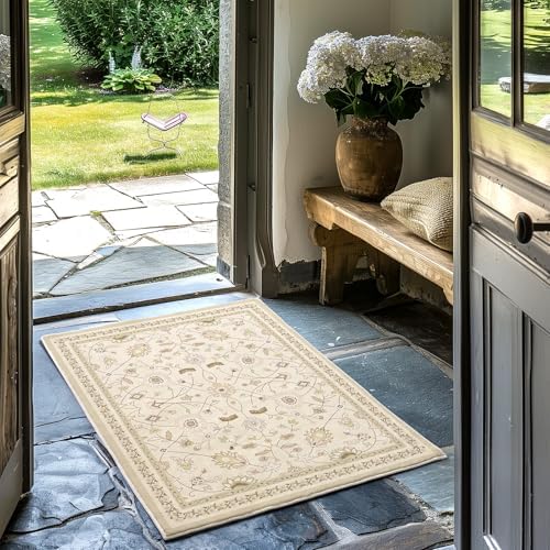 Evergrace 2x3 Area Rug Boho Floral Faux Wool Natural Beige
