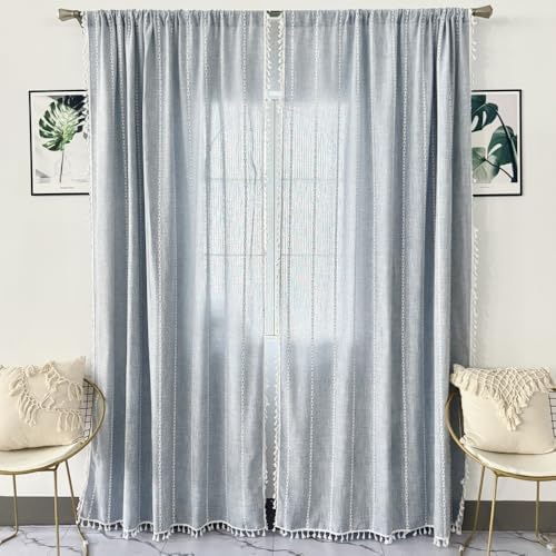 Amidoudou Striped Boho Curtain Pair Grayish Blue 54x96 Inch