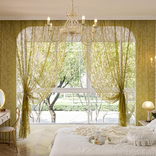 Deeprove Sage Green Sheer Lace Curtains 2 Panels Set 96 Inches Long