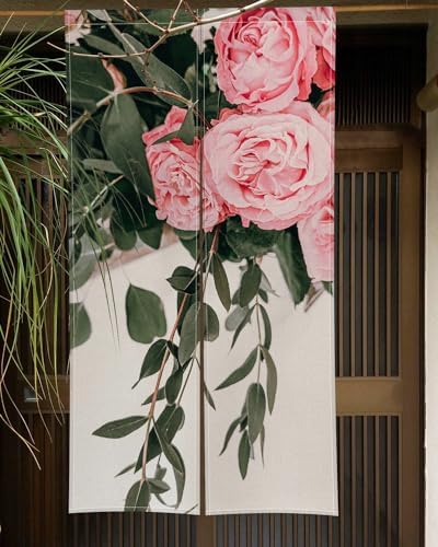 Japanese Noren Door Curtain with Bloomy Rose Print