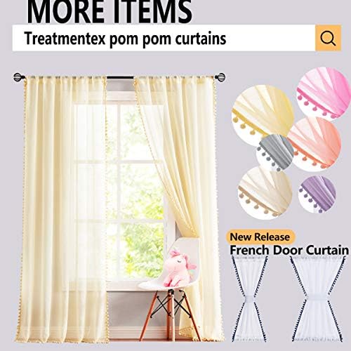 Treatmentex Sheer Linen-Look Curtains with Pom Pom Trim 2pcs