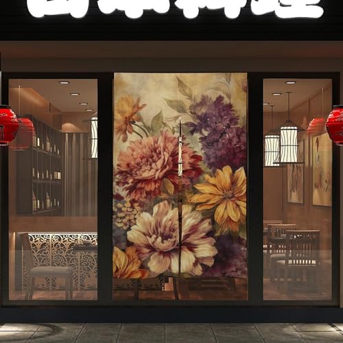 Japanese Noren Door Curtain with Yellow and Red Flowers Print