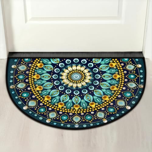Half Round Doormat Teal Mandala Boho Floral Washable