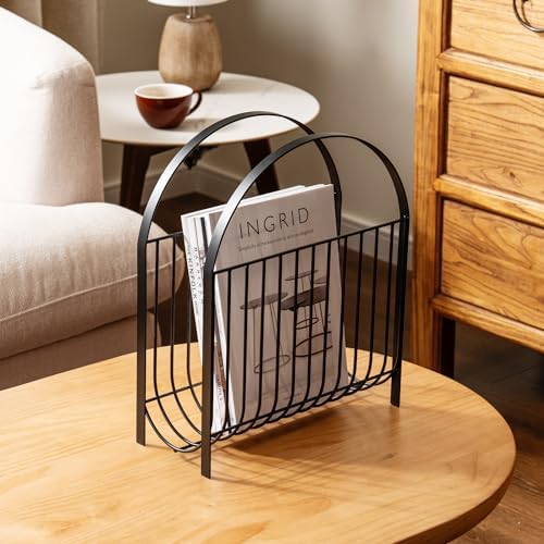 MyGift Deluxe Mid Century Metal Wire Magazine Rack in Matte Black Finish