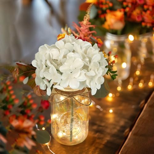 Set of 3 Mason Jars with Lights and White Hydrangeas