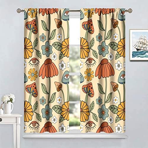Retro Boho Floral Mushroom Curtains 52x84in Set