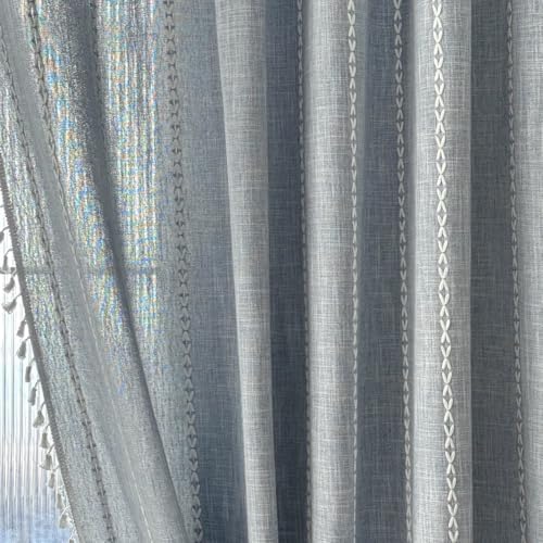 Amidoudou Striped Boho Curtain Pair Grayish Blue 54x96 Inch