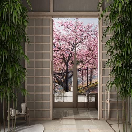 Leowefowa Japanese Noren Door Curtain Spring Pink Cherry Blossom Panel