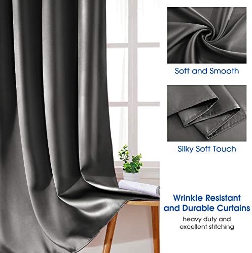 HOMEIDEAS 2 Panel Dark Grey Faux Silk Blackout Curtains