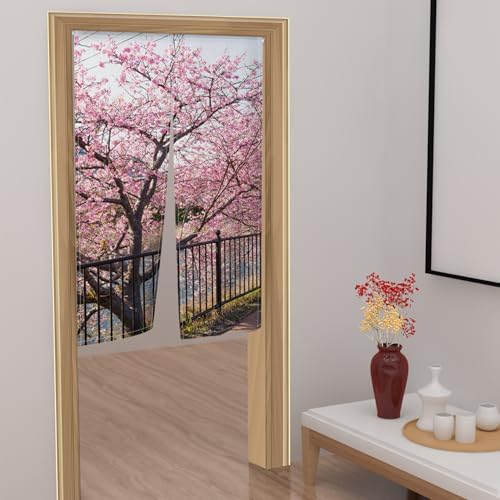 Leowefowa Japanese Noren Door Curtain Spring Pink Cherry Blossom Panel
