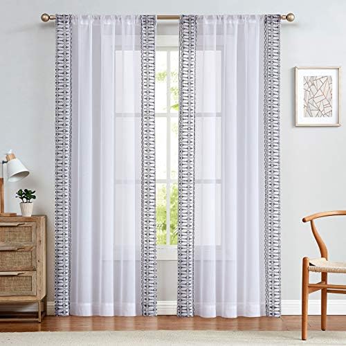 Lazzzy Sheer Curtains 84 Inch Bordered Boho Drapes Set
