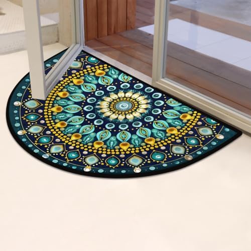 Half Round Doormat Teal Mandala Boho Floral Washable