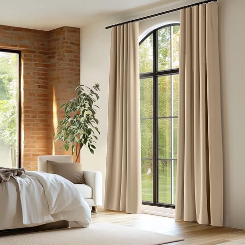 Lazzzy Velvet Curtain Beige Thermal Insulated Drapes 96 Inch Set of 2