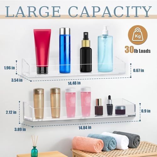 2 Pack Clear Acrylic Floating Shelves for Bathroom and Kitchen