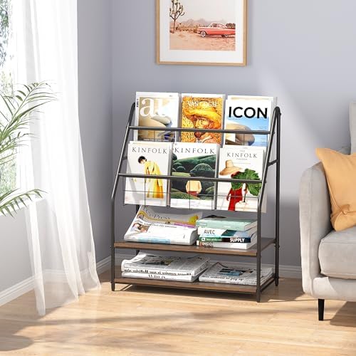 VECELO Magazine Rack Floor Standing with 2 Shelves Grey