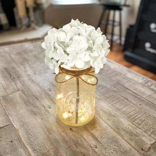 Set of 3 Mason Jars with Lights and White Hydrangeas