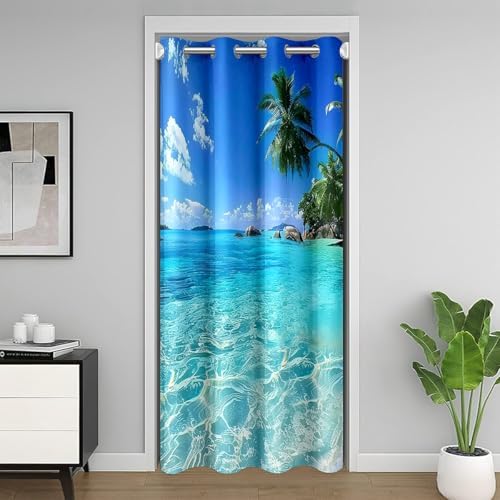 Ocean Door Curtain with Palm Leaves Print