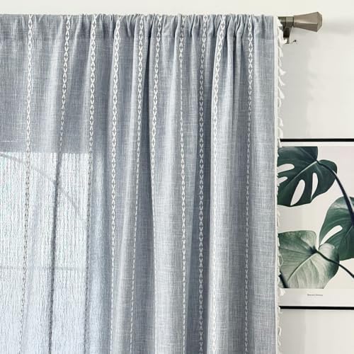 Amidoudou Striped Boho Curtain Pair Grayish Blue 54x96 Inch