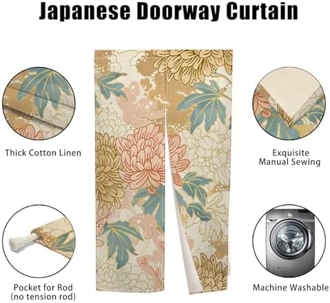 Boho Style Noren Doorway Curtain with Flowers Design