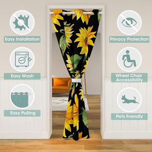Jejeloiu Sunflower Door Curtain 1 Panel Yellow Floral Design