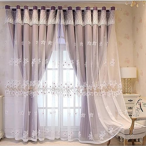 Amidoudou 1 Pair Double Layer Flower Curtains With Valance - Purple 54x84 Inch