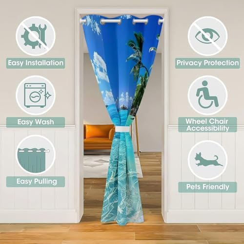 Ocean Door Curtain with Palm Leaves Print