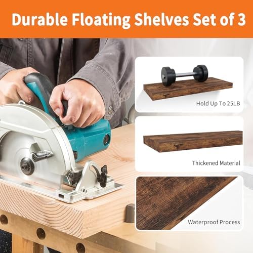 Set of 3 Floating Shelves in Rustic Brown