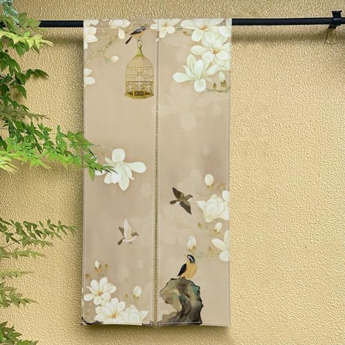Japanese Noren Door Curtain with White Flowers and Birdcage Design