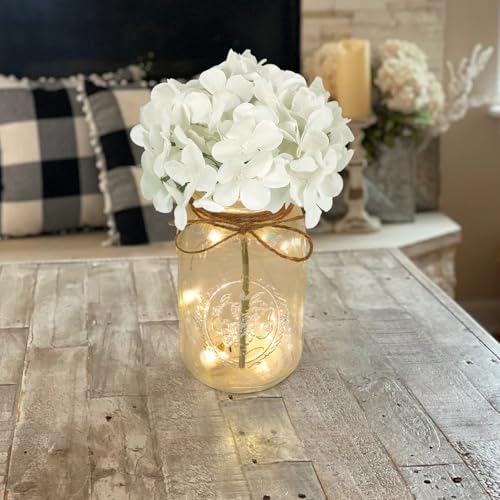 Set of 3 Mason Jars with Lights and White Hydrangeas