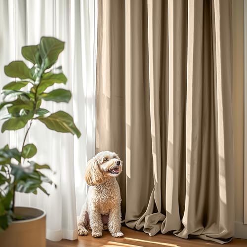 Lazzzy Velvet Curtain Beige Thermal Insulated Drapes 96 Inch Set of 2