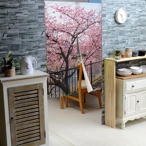 Leowefowa Japanese Noren Door Curtain Spring Pink Cherry Blossom Panel