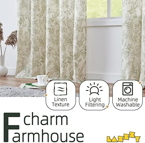 Lazzzy Linen Curtains Farmhouse Green Floral Print 2 Panels Set