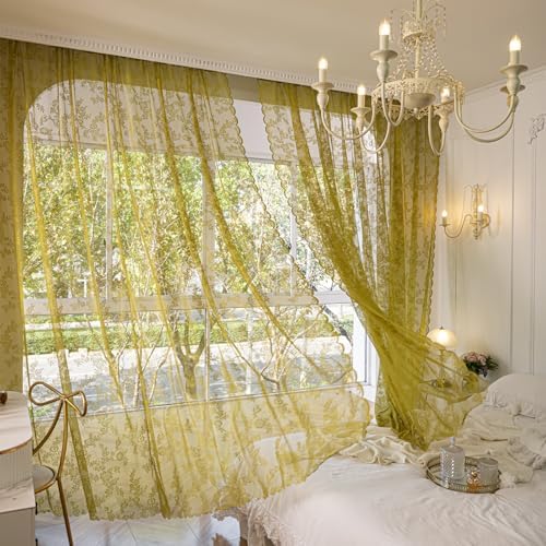 Deeprove Sage Green Sheer Lace Curtains 2 Panels Set 96 Inches Long