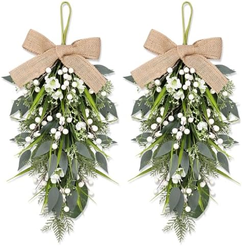 2 Pcs 24 Inch Artificial White Flower Teardrop Wreaths