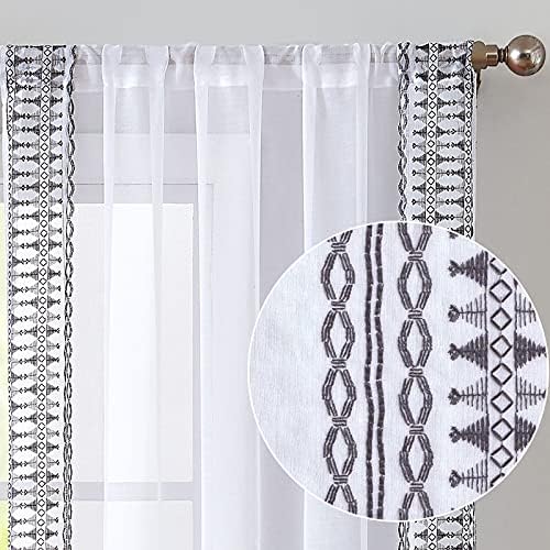Lazzzy Sheer Curtains 84 Inch Bordered Boho Drapes Set