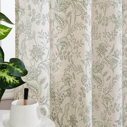 Lazzzy Linen Curtains Farmhouse Green Floral Print 2 Panels Set