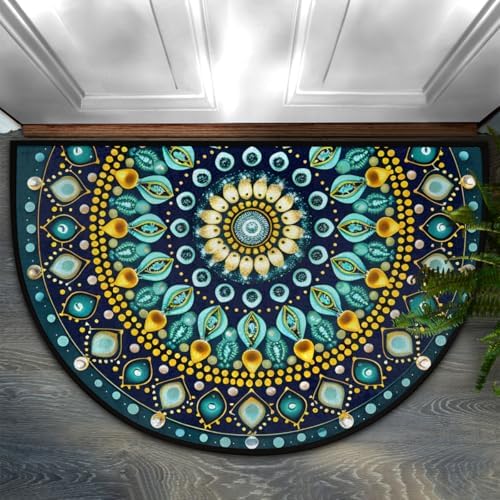 Half Round Doormat Teal Mandala Boho Floral Washable