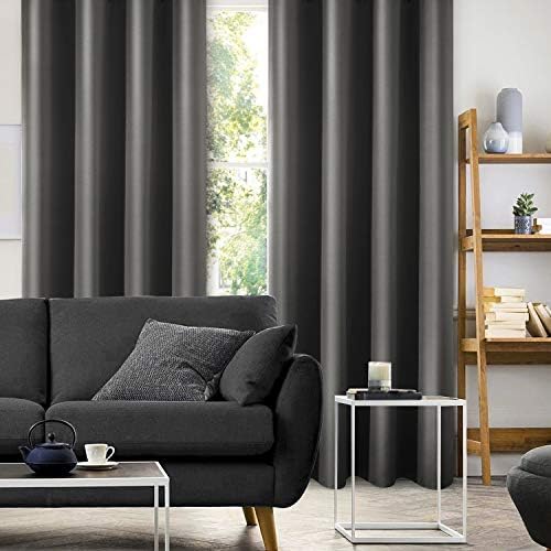 HOMEIDEAS 2 Panel Dark Grey Faux Silk Blackout Curtains