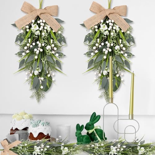 2 Pcs 24 Inch Artificial White Flower Teardrop Wreaths