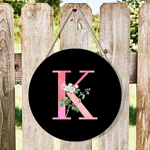 White Flower Pink Letter K Wood Door Hanger Personalized Monogram Round Wreath