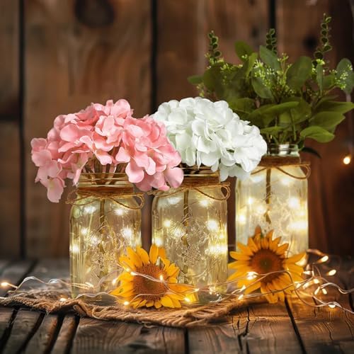 Set of 3 Mason Jars with Lights and White Hydrangeas