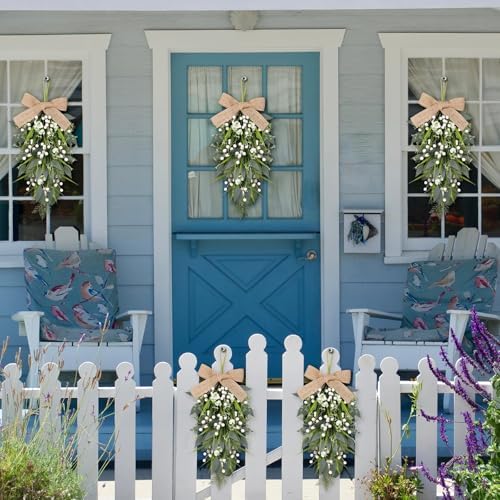2 Pcs 24 Inch Artificial White Flower Teardrop Wreaths