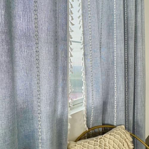 Amidoudou Striped Boho Curtain Pair Grayish Blue 54x96 Inch