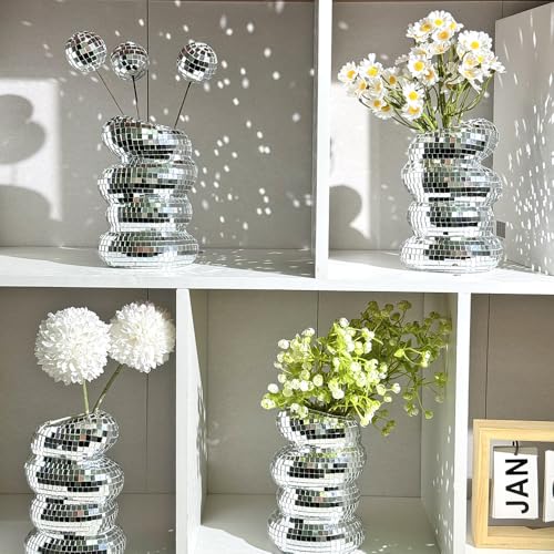 Disco Ball Spiral Vase with Silver Mirror Tiles