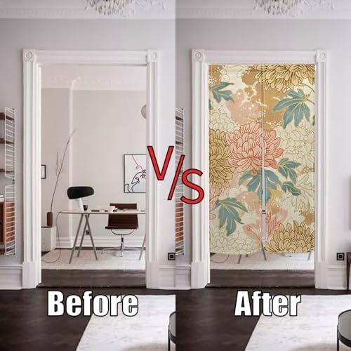 Boho Style Noren Doorway Curtain with Flowers Design