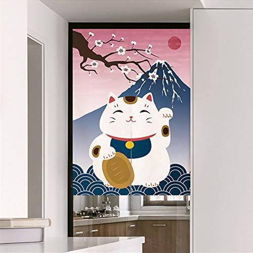 Japanese Noren Door Curtain with Maneki Neko and Mount Fuji Design