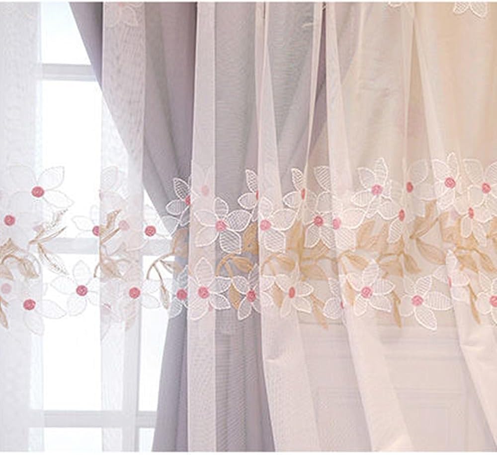Amidoudou 1 Pair Double Layer Flower Curtains With Valance - Purple 54x84 Inch