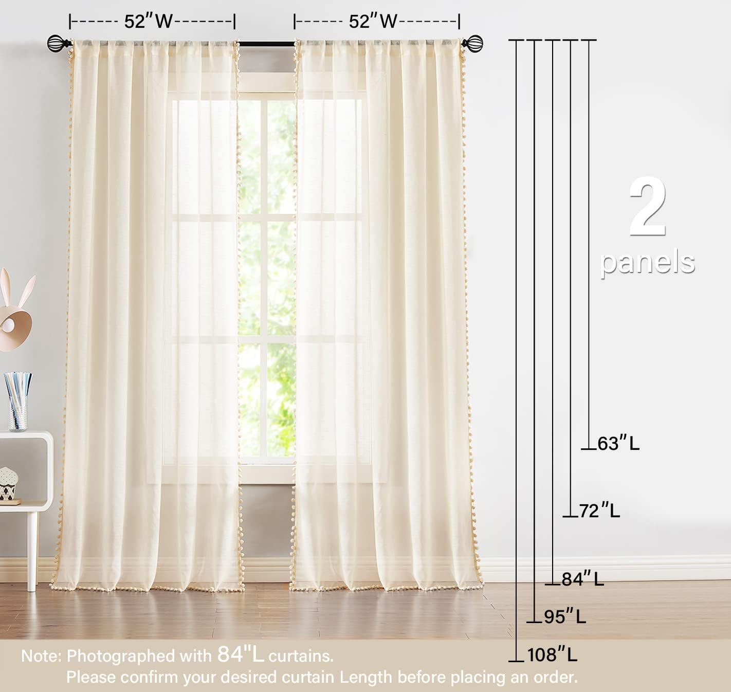 Treatmentex Sheer Linen-Look Curtains with Pom Pom Trim 2pcs