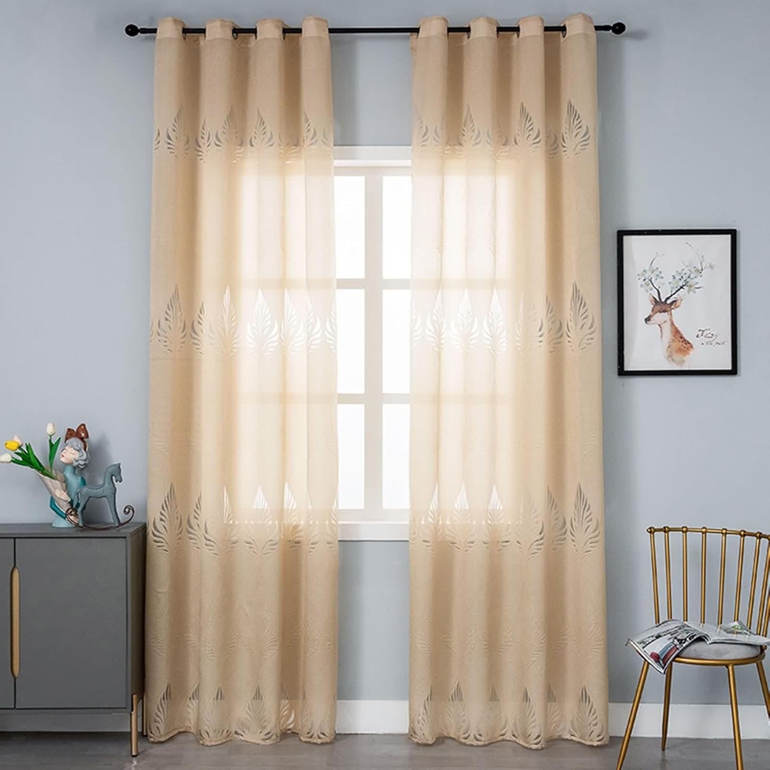 Yellow Modern Curtains with Leaves Pattern 2 Panels 52x108 Inch